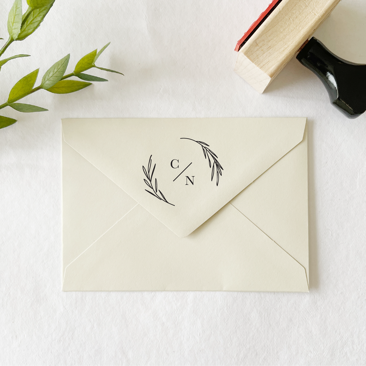 Custom Wedding Stamp - Initials in Laurel Circle