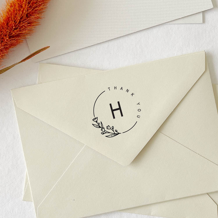 Custom Wedding Stamp - Initial inside Thank You Wreath