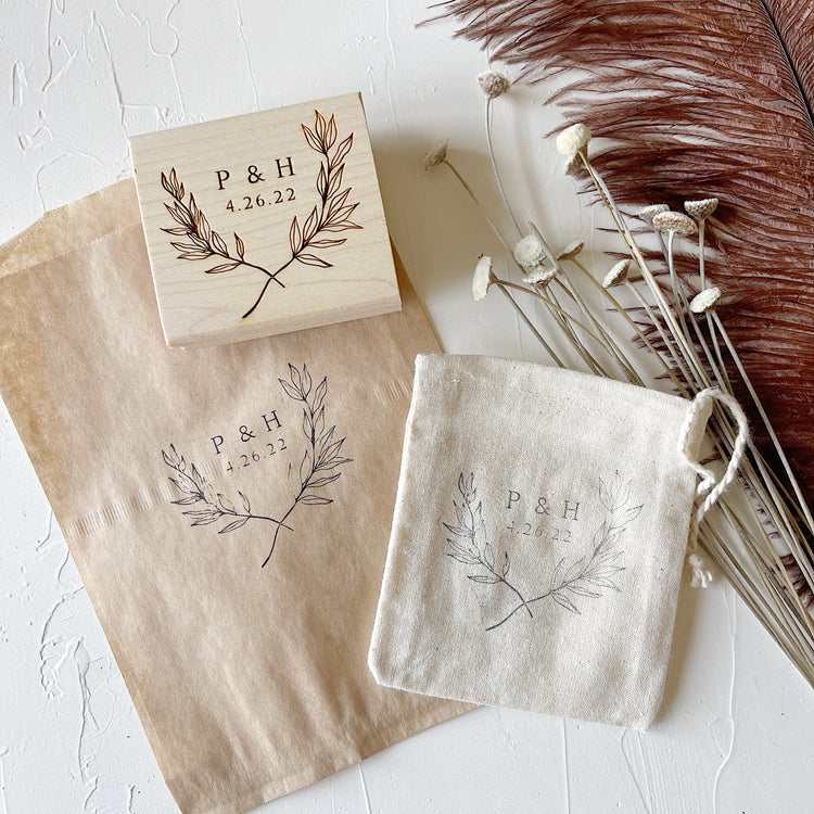 Custom Wedding Stamp - Laurel Sprigs with Initials