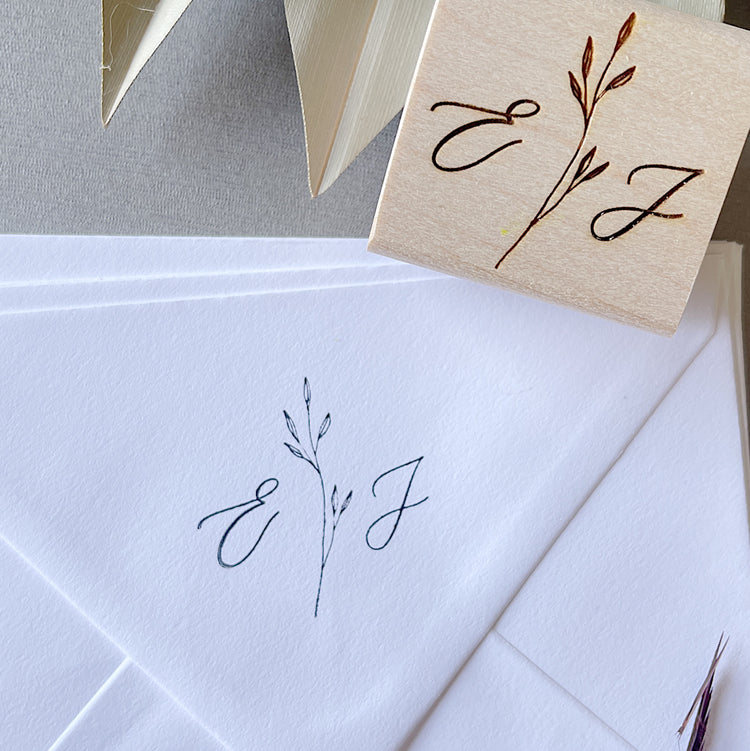 Custom Wedding Stamp - Initials with Leaf Stem