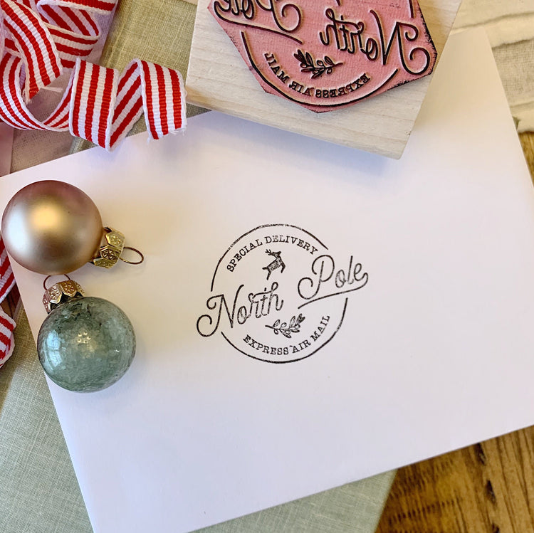 North Pole Stamp. Santa Mail Stamp. Wooden Santa Mail North Pole Christmas Stamp.